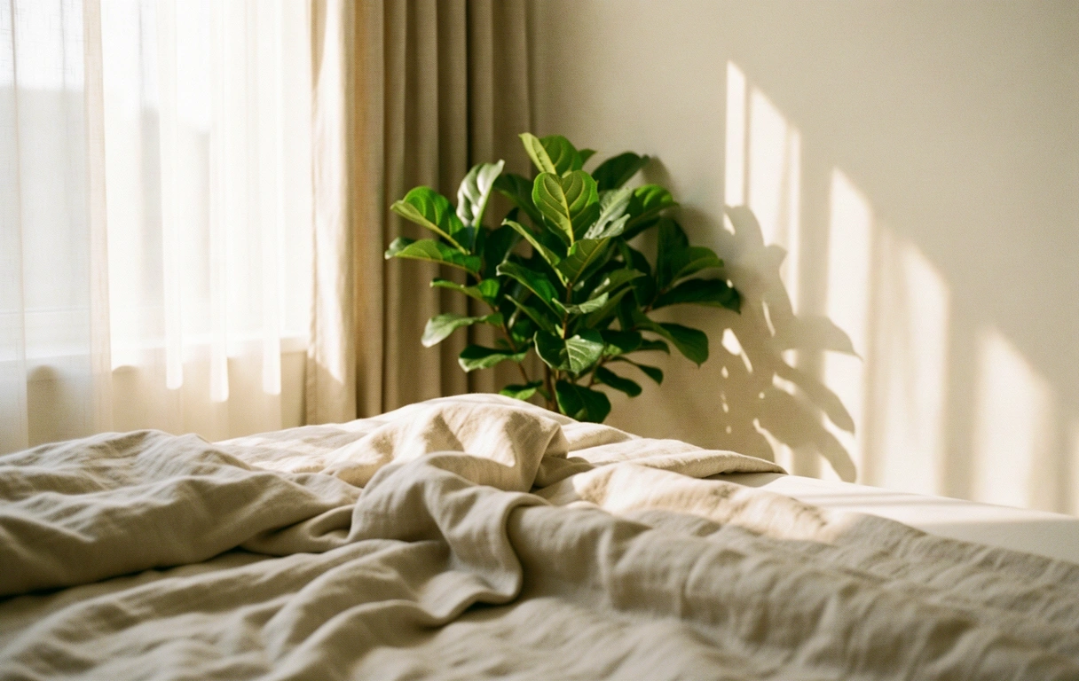 Sanftes Morgenlicht in einem ruhigen Schlafzimmer